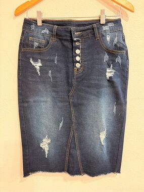 Distressed Dark Blue Denim Midi Skirt with Button-Front